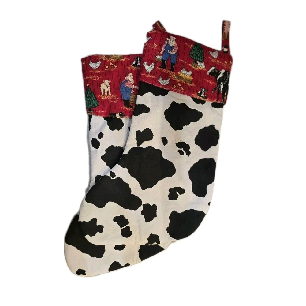 Lot Of 2 Christmas stockings black & white cow print farm Animals‎ Farmer Santa